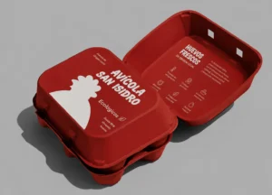 Envase rojo de huevos ecológicos de Avícola San Isidro con su logotipo de gallina, abierto sobre fondo gris