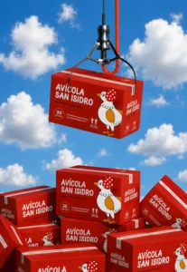Cajas rojas de Avícola San Isidro con una gallina ilustrada, colgadas de una grúa de garra contra un cielo azul