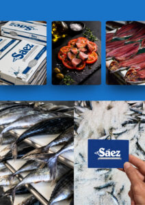 Collage de contenido para redes sociales de Salazones Sáez: cajas de producto, tomate con atún, salazones y pescado en sal